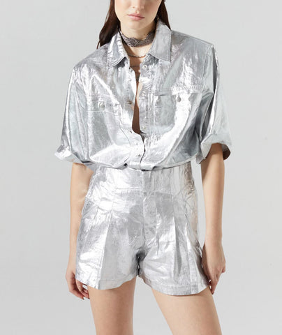 Lanthropy Frida Metallic Linen Shorts-Silver