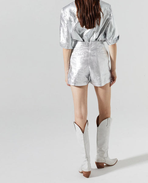 Lanthropy Frida Metallic Linen Shorts-Silver