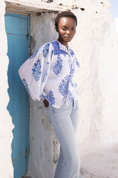 Oliphant Mandarin Pintuck Blouse-Salvia Blue