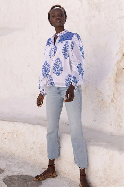 Oliphant Mandarin Pintuck Blouse-Salvia Blue