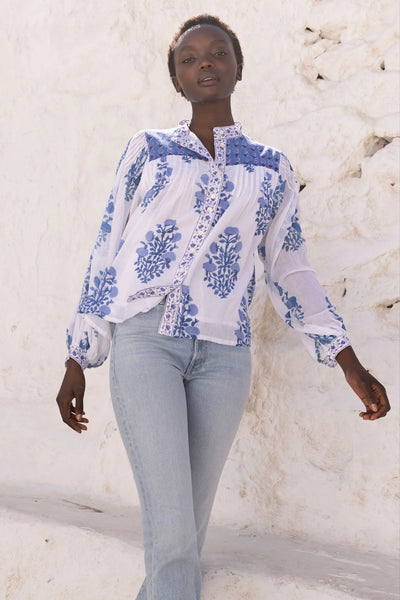 Oliphant Mandarin Pintuck Blouse-Salvia Blue