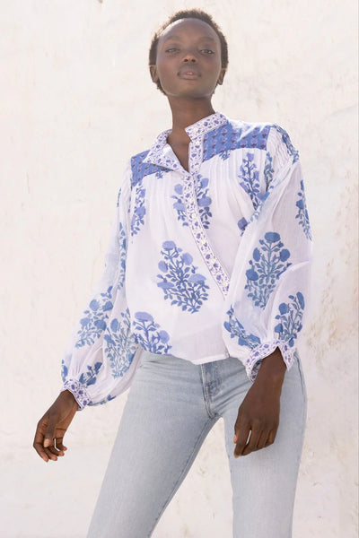 Oliphant Mandarin Pintuck Blouse-Salvia Blue