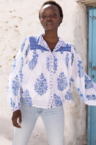 Oliphant Mandarin Pintuck Blouse-Salvia Blue