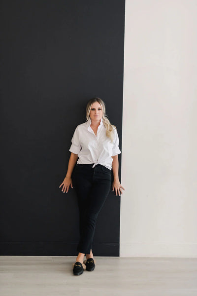 Heidi Houston Short Sleeve Ruffle Collar Shirt-White