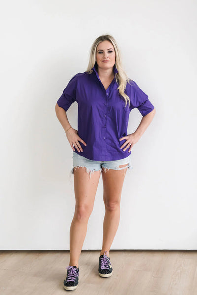 Heidi Houston Short Sleeve Ruffle Shirt-Purple