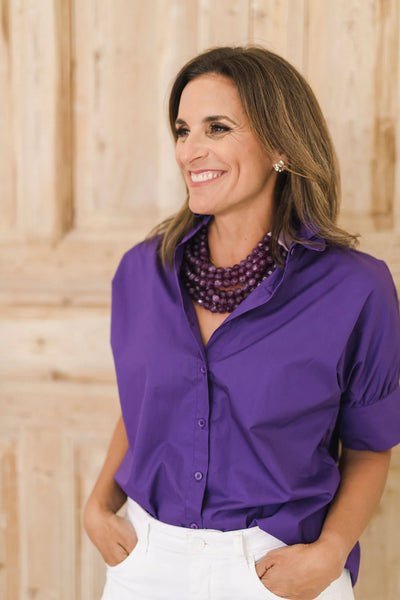 Heidi Houston Short Sleeve Ruffle Shirt-Purple