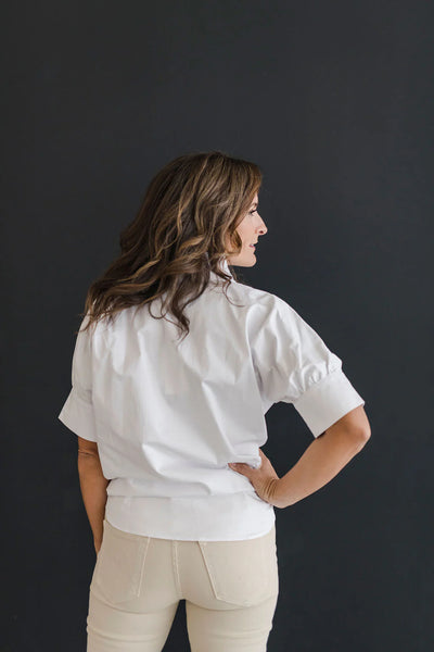 Heidi Houston Short Sleeve Ruffle Collar Shirt-White