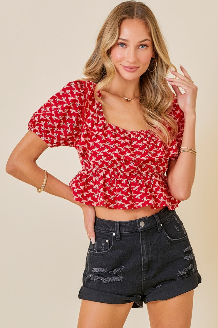 Day + Moon Red Ruffle & Lace Top