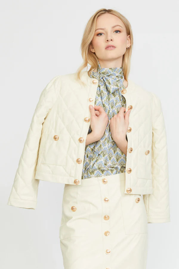 Stellah Quilted Vegan Leather Jacket-Cream