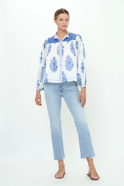 Oliphant Mandarin Pintuck Blouse-Salvia Blue