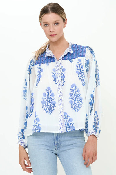 Oliphant Mandarin Pintuck Blouse-Salvia Blue