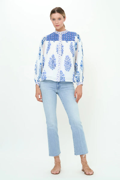 Oliphant Mandarin Pintuck Blouse-Salvia Blue