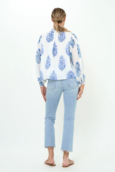 Oliphant Mandarin Pintuck Blouse-Salvia Blue