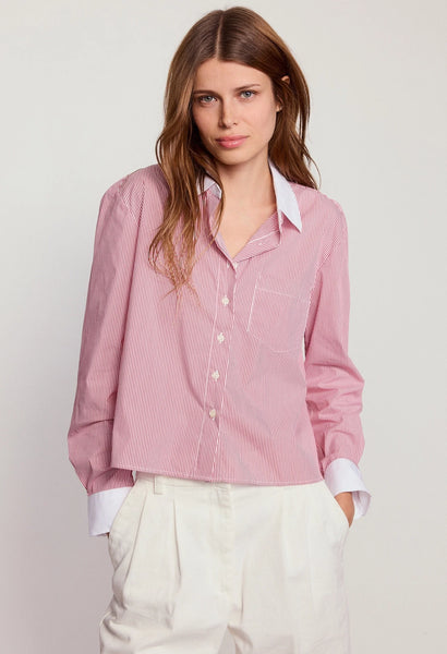 The Shirt 'The Long Sleeve Boxy Crop'-Red Stripe Collar