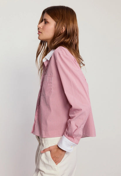 The Shirt 'The Long Sleeve Boxy Crop'-Red Stripe Collar