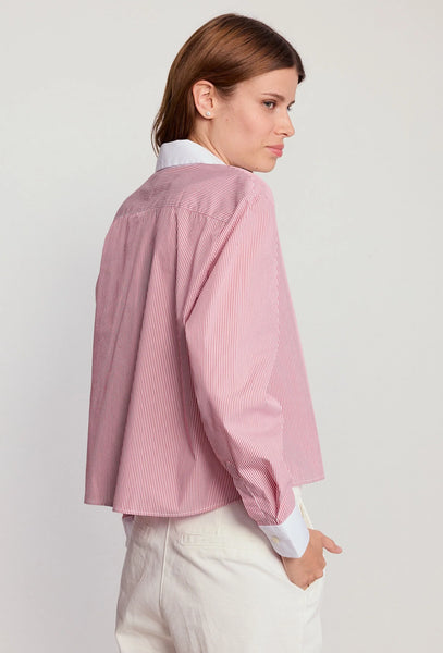 The Shirt 'The Long Sleeve Boxy Crop'-Red Stripe Collar