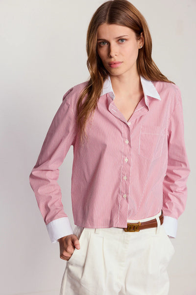 The Shirt 'The Long Sleeve Boxy Crop'-Red Stripe Collar