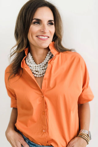Heidi Houston Short Sleeve Ruffle Shirt-Burnt Orange