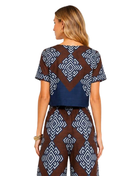 Lavi Fiore Top-Blue and Brown Print