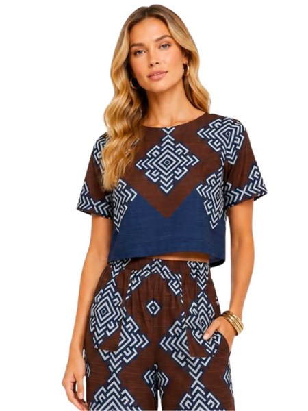Lavi Fiore Top-Blue and Brown Print