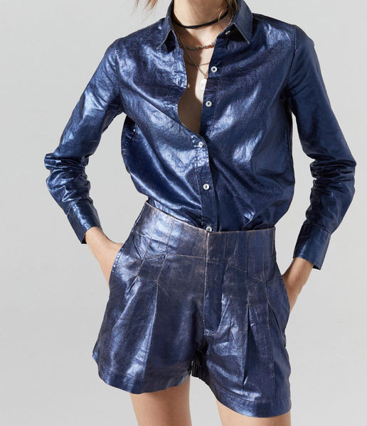 Lanhtropy Frida Metallic Linen Shorts-Dark Blue