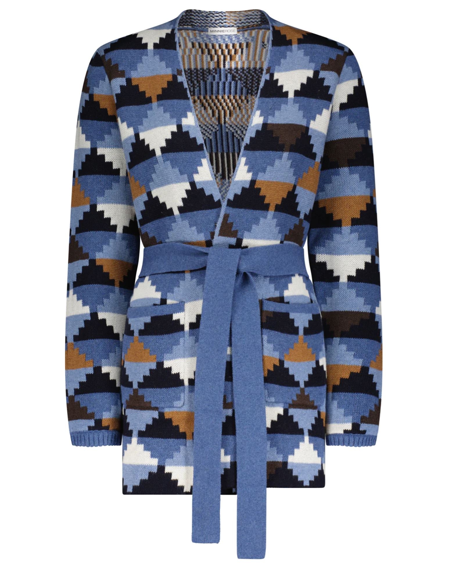 Minnie Rose Cotton/Cashmere Geo Blanket Belted Cardigan