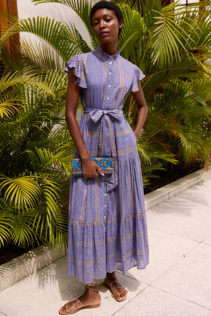 Flutter Sleeve Tiered Maxi Printed Cotton, Helene Blue, Medium