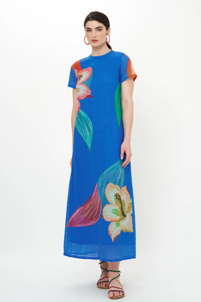 Oliphant Short Sleeve Shift Maxi-Hibiscus Blue