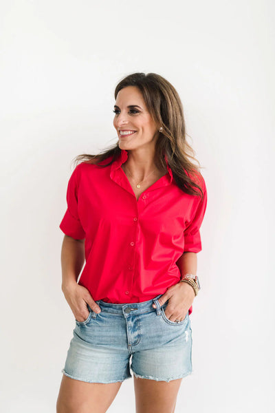 Heidi Houston Short Sleeve Ruffle Shirt-Red