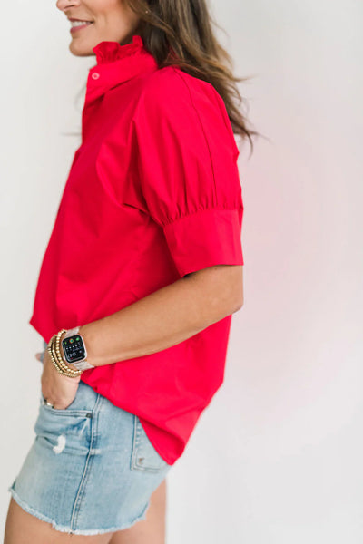 Heidi Houston Short Sleeve Ruffle Shirt-Red