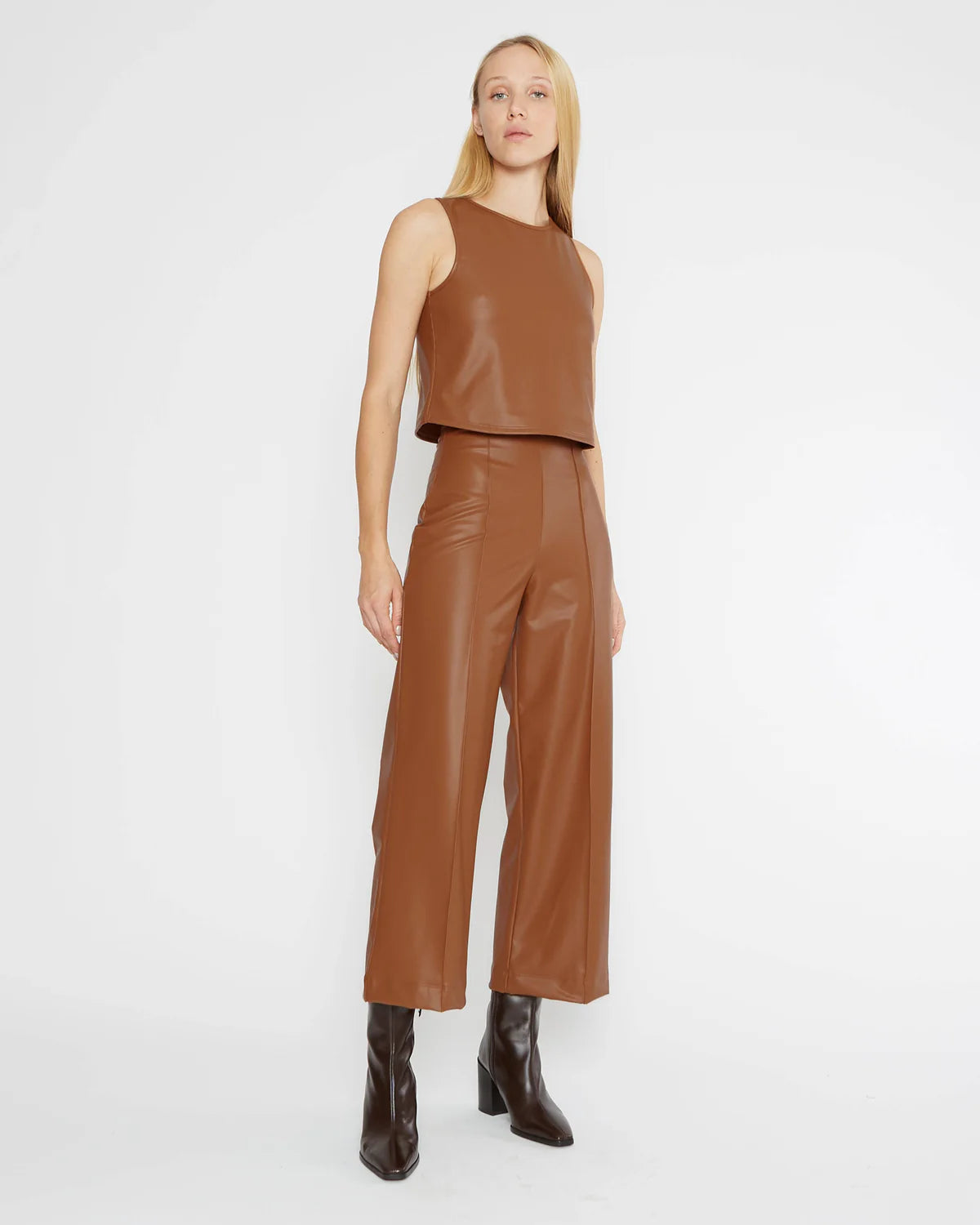 Ripley Rader Camel Vegan Leather Straight Leg Cropped Pant