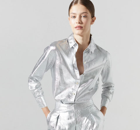 Lanthropy San Marino Metallic Linen Shirt-Silver Foil