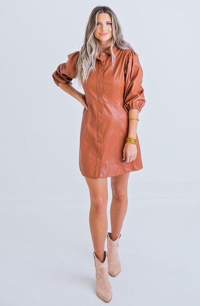 Karlie Solid Faux Leather Button Shirt Dress
